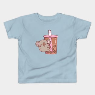 Cute Chubby Koala Hugging Bubble Tea Cup Kids T-Shirt